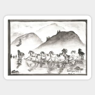 horses galloping across the water monochrome black and white watercolor painting Sticker